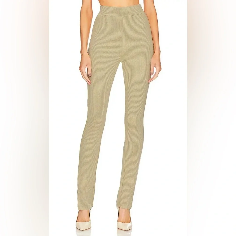 WEWOREWHAT Ribbed flare pants in beige